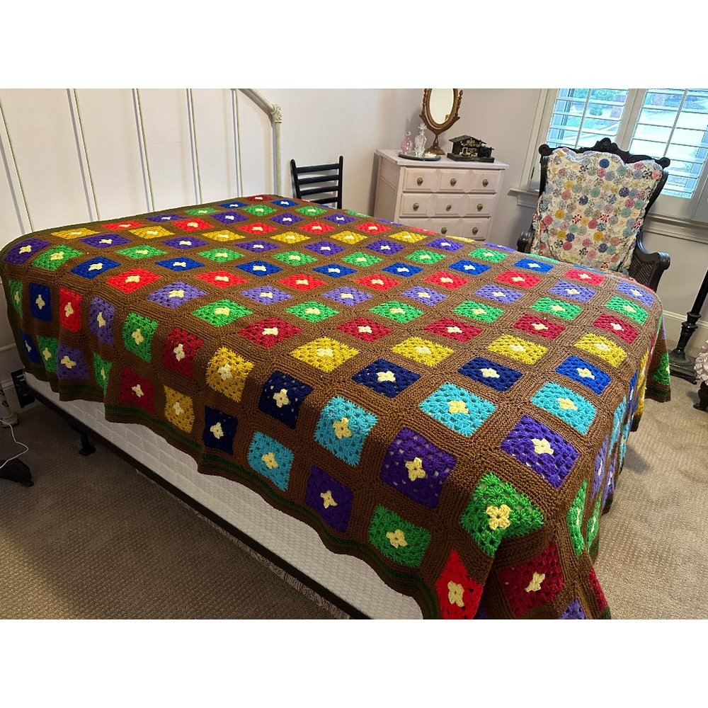 Large crocheted granny square blanket multicolored Size 106" x 90"